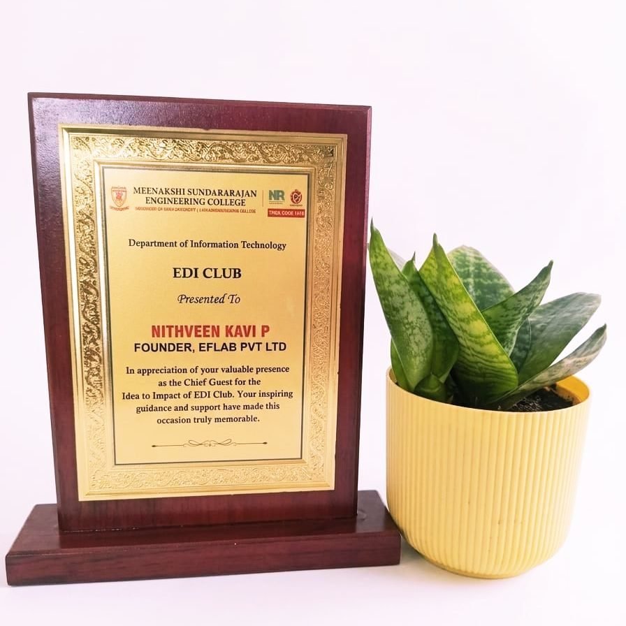 Memento from the EDI Club, Department of Information Technology, presented to Nithveen Kavi P